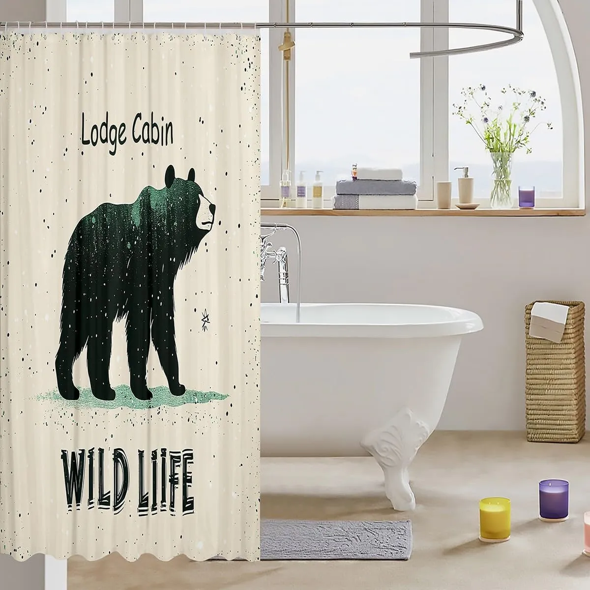 Cartoon Bear Shower Curtain 72" W x 84" L Cute Black Green Graffiti Wild Animal Bathroom Curtain for Kids Boys Girls Teens Lodge Cabin Jungle Farmhouse Style Bath Curtain for Room with 12 Hooks