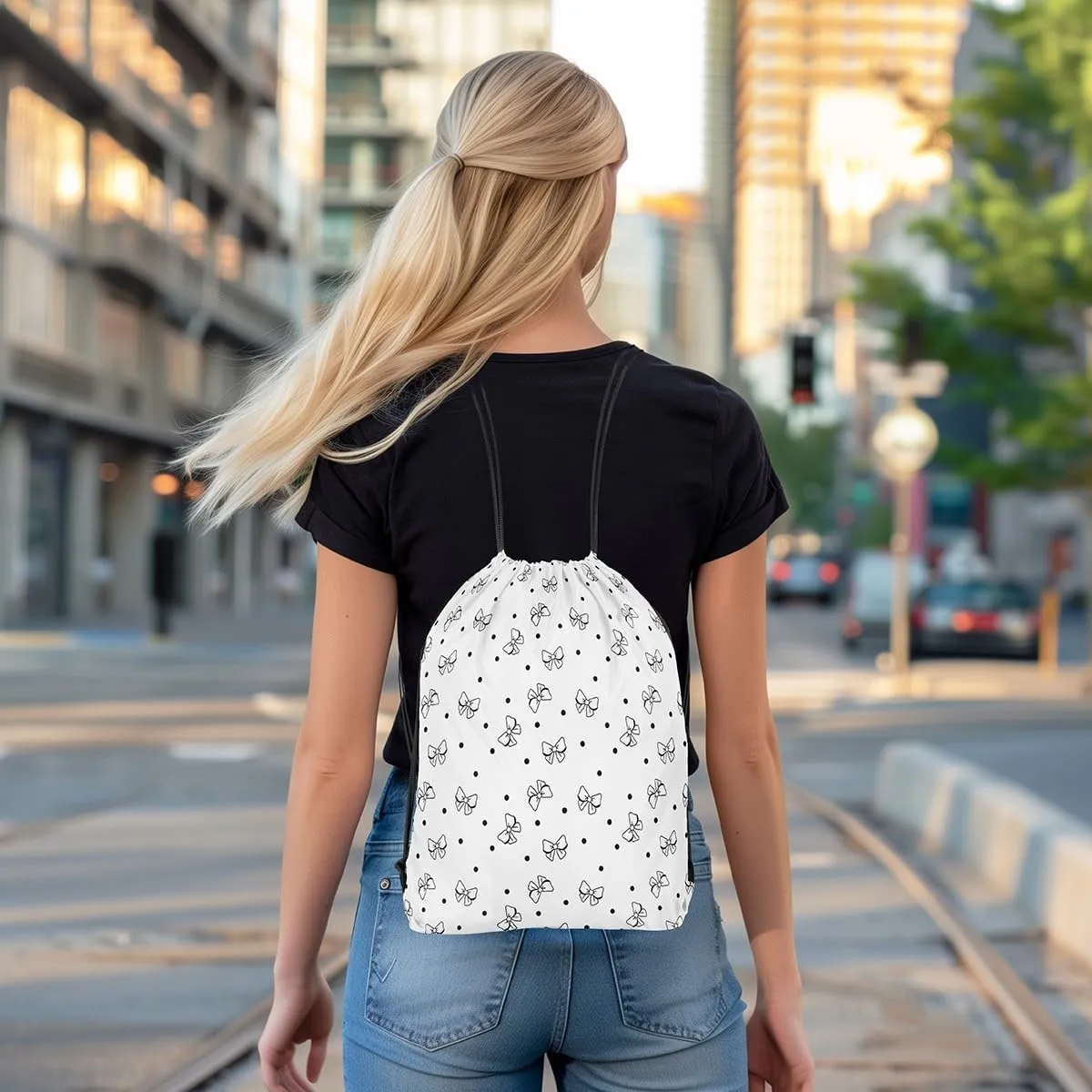 Cartoon Bowknots Drawstring Backpack,Lovely Bow Hand Graffiti Black and White Drawstring Bags Shoulder Bag,Cute Polka Dots Bowknot Draw String Bag for Picnic Gym Sport Travel