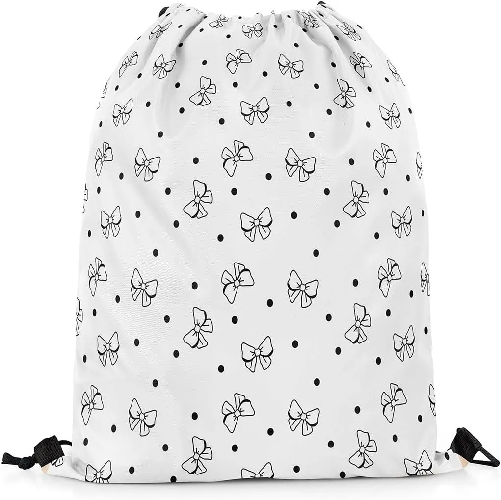Cartoon Bowknots Drawstring Backpack,Lovely Bow Hand Graffiti Black and White Drawstring Bags Shoulder Bag,Cute Polka Dots Bowknot Draw String Bag for Picnic Gym Sport Travel