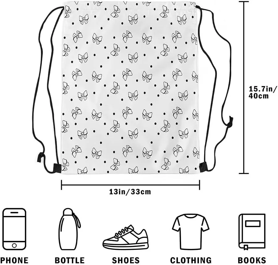 Cartoon Bowknots Drawstring Backpack,Lovely Bow Hand Graffiti Black and White Drawstring Bags Shoulder Bag,Cute Polka Dots Bowknot Draw String Bag for Picnic Gym Sport Travel