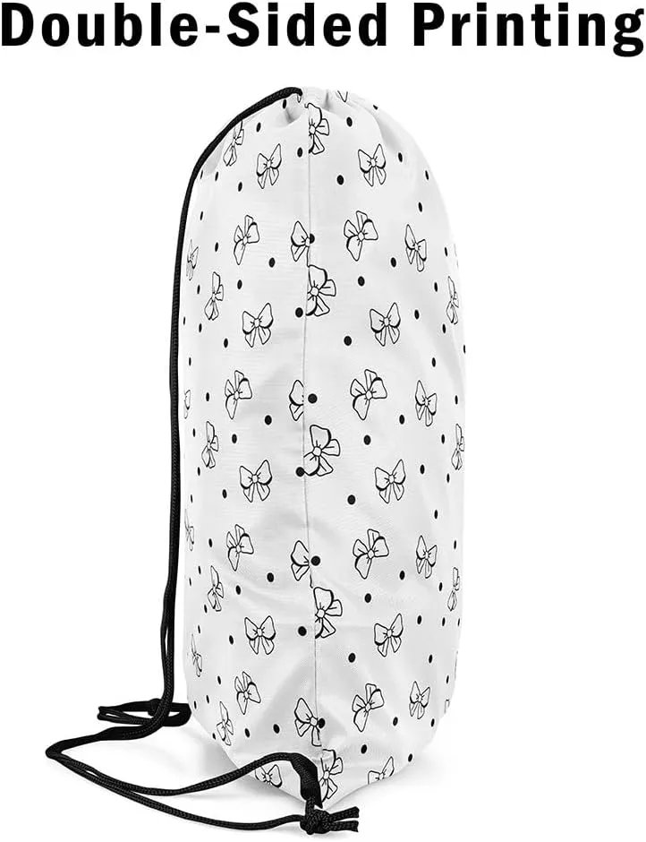 Cartoon Bowknots Drawstring Backpack,Lovely Bow Hand Graffiti Black and White Drawstring Bags Shoulder Bag,Cute Polka Dots Bowknot Draw String Bag for Picnic Gym Sport Travel