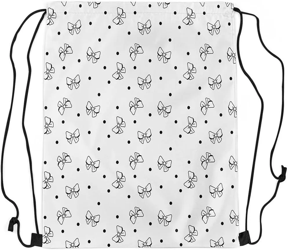 Cartoon Bowknots Drawstring Backpack,Lovely Bow Hand Graffiti Black and White Drawstring Bags Shoulder Bag,Cute Polka Dots Bowknot Draw String Bag for Picnic Gym Sport Travel
