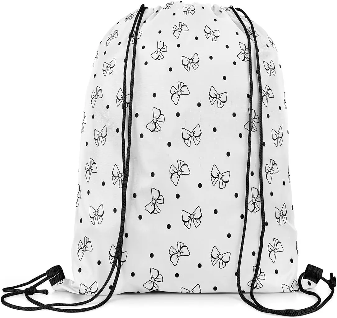 Cartoon Bowknots Drawstring Backpack,Lovely Bow Hand Graffiti Black and White Drawstring Bags Shoulder Bag,Cute Polka Dots Bowknot Draw String Bag for Picnic Gym Sport Travel