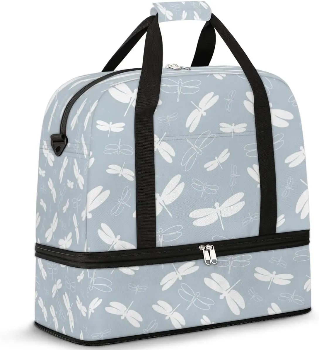 Cartoon Dragonfly Print Sports Gym Bag with Shoes Compartment Foldable Travel Duffel Bag Dry Wet Separated Sports Tote Workout Weekender Overnight Bag for Women Yoga Dance Work Training Handbag