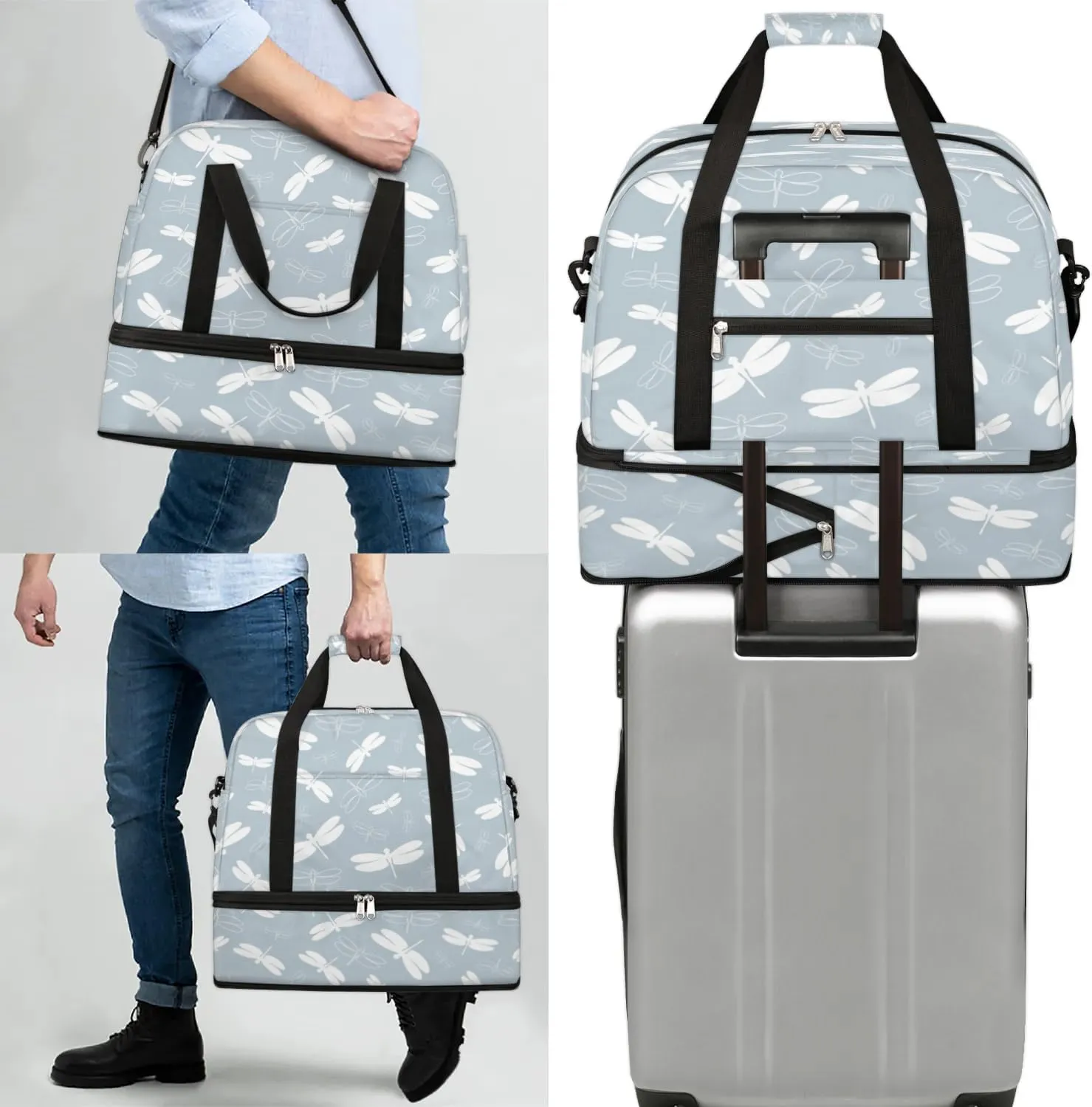 Cartoon Dragonfly Print Sports Gym Bag with Shoes Compartment Foldable Travel Duffel Bag Dry Wet Separated Sports Tote Workout Weekender Overnight Bag for Women Yoga Dance Work Training Handbag