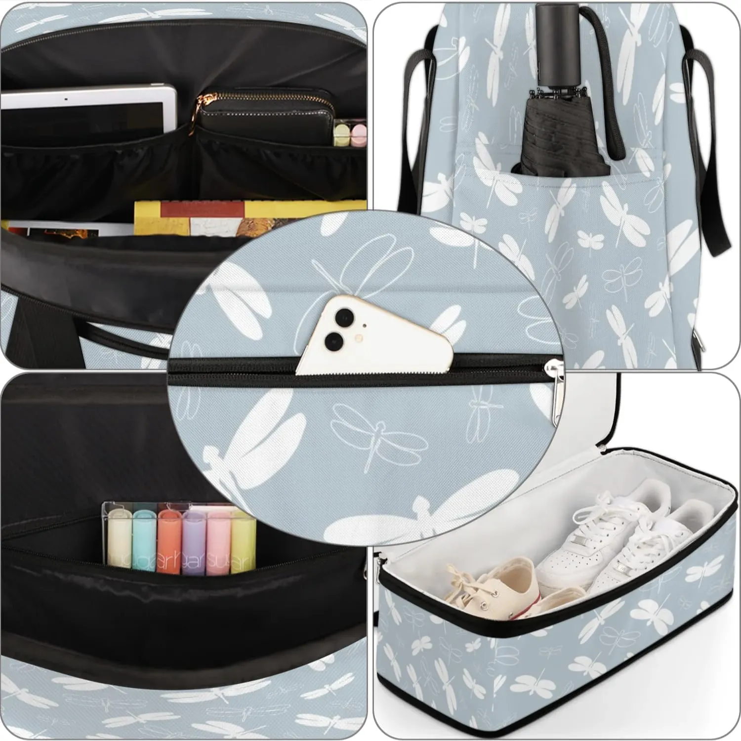 Cartoon Dragonfly Print Sports Gym Bag with Shoes Compartment Foldable Travel Duffel Bag Dry Wet Separated Sports Tote Workout Weekender Overnight Bag for Women Yoga Dance Work Training Handbag
