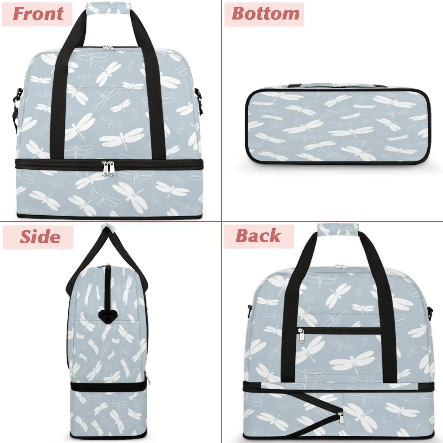 Cartoon Dragonfly Print Sports Gym Bag with Shoes Compartment Foldable Travel Duffel Bag Dry Wet Separated Sports Tote Workout Weekender Overnight Bag for Women Yoga Dance Work Training Handbag