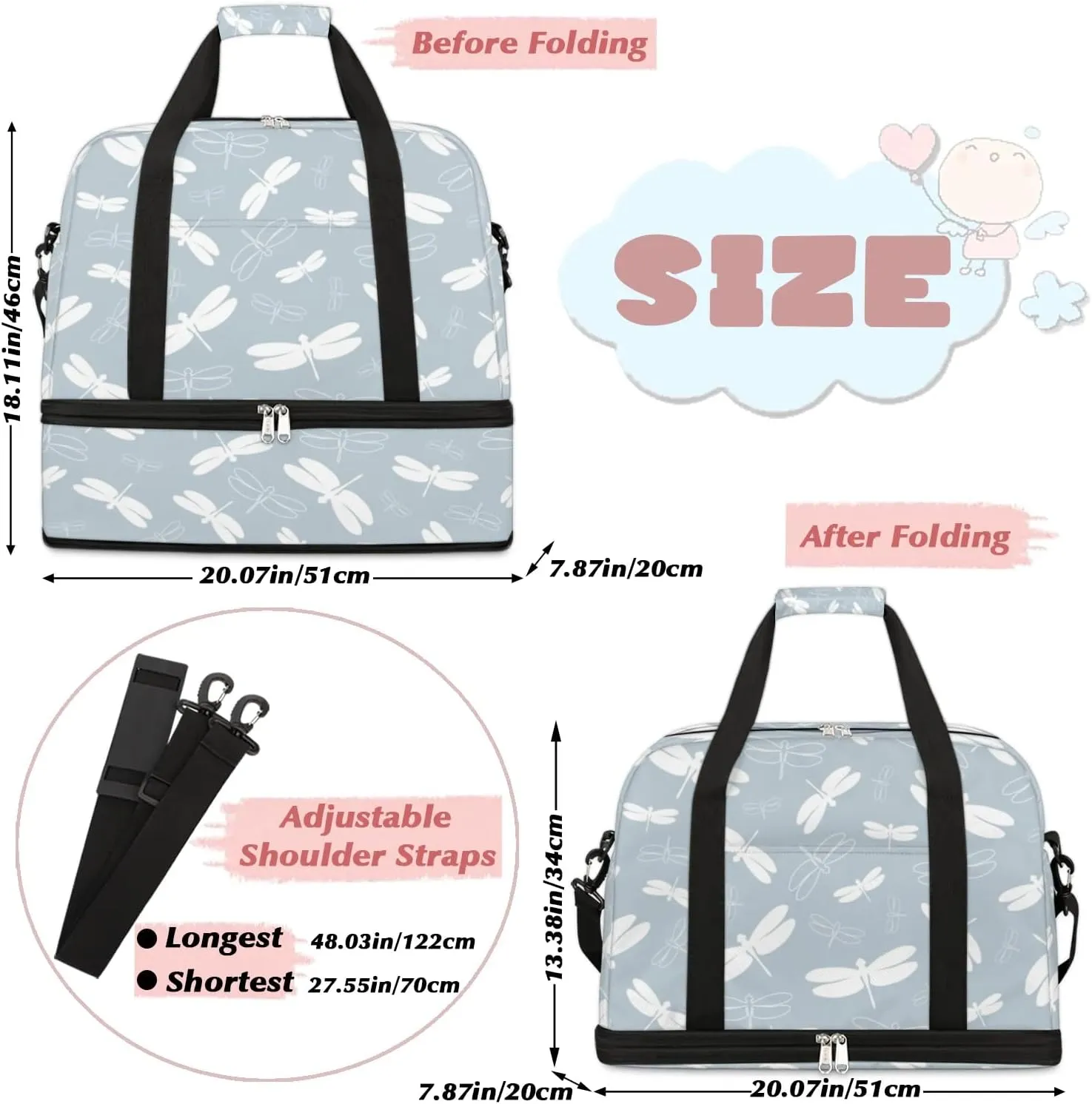 Cartoon Dragonfly Print Sports Gym Bag with Shoes Compartment Foldable Travel Duffel Bag Dry Wet Separated Sports Tote Workout Weekender Overnight Bag for Women Yoga Dance Work Training Handbag