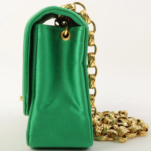 Chanel Around 1990 Made Silk Satin Diana Flap Bijou Chain Bag Mini Green