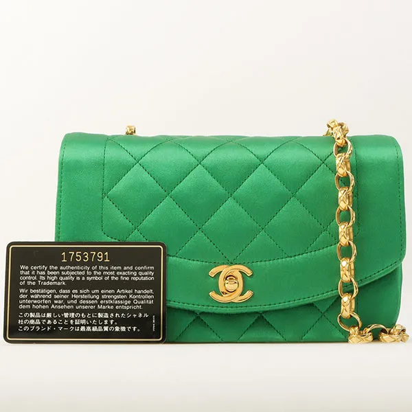 Chanel Around 1990 Made Silk Satin Diana Flap Bijou Chain Bag Mini Green