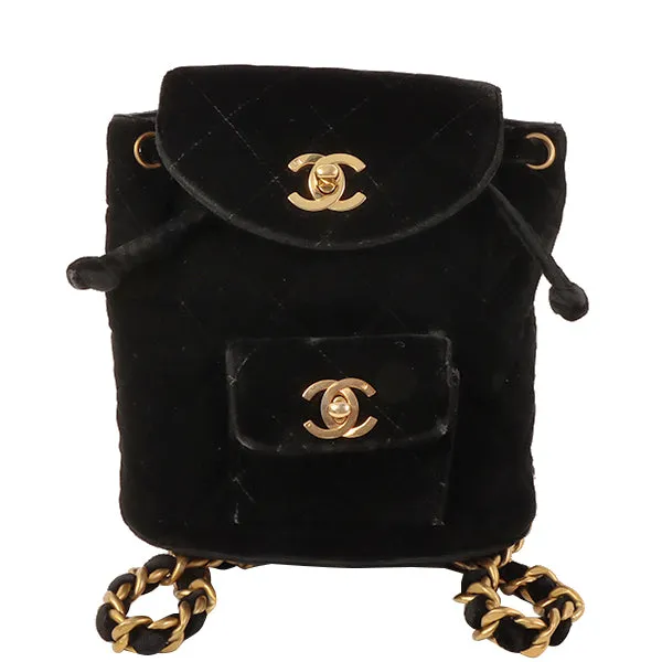 CHANEL Around 1995 Made Double Turn-Lock Velour Backpack Mini Black