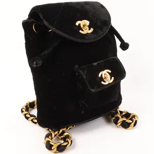 CHANEL Around 1995 Made Double Turn-Lock Velour Backpack Mini Black