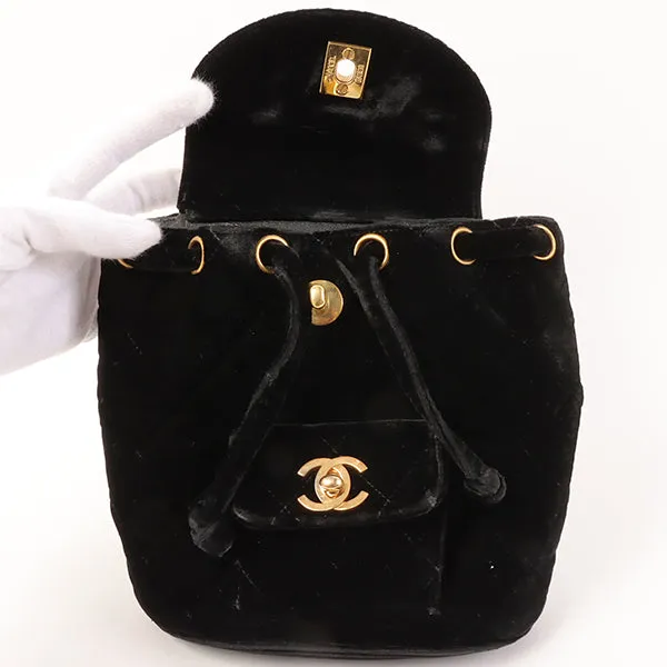 CHANEL Around 1995 Made Double Turn-Lock Velour Backpack Mini Black
