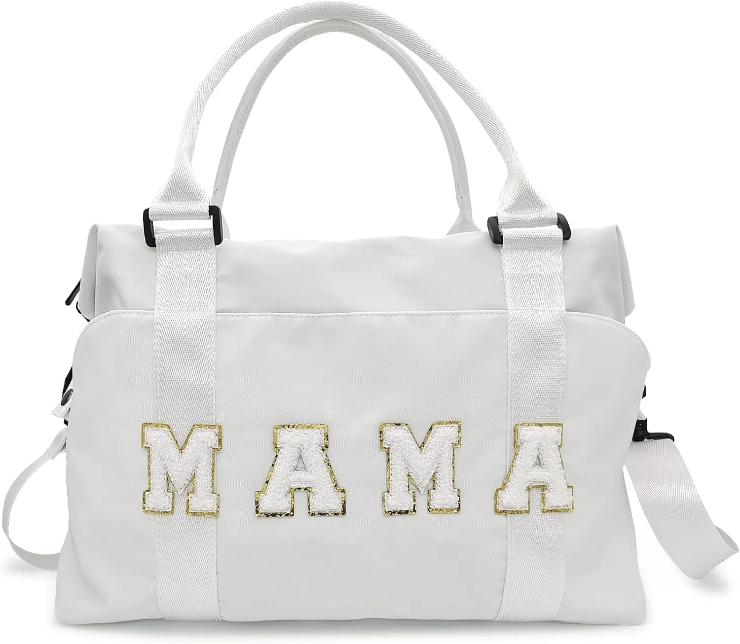 Chenille Letter Duffle Bag, Mama Bag With Patches, Nylon Chenille Letter Embroidered Travel Bag, Lightweight Adjustable Mom Hospital Bag With Zipper for Mothers Day Gifts