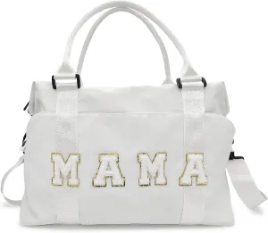 Chenille Letter Duffle Bag, Mama Bag With Patches, Nylon Chenille Letter Embroidered Travel Bag, Lightweight Adjustable Mom Hospital Bag With Zipper for Mothers Day Gifts