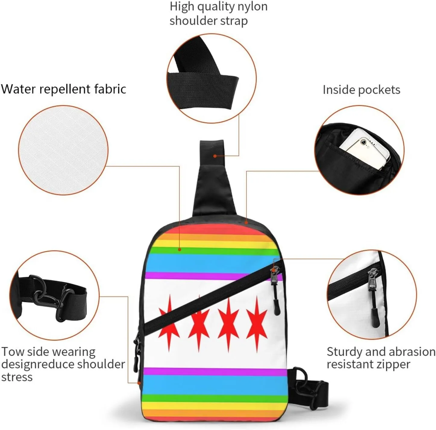 Chicago LGBT Gay Rainbow Pride Flag Crossbody Bag Portable Sling Bags Foldable Chest Daypack Reusable Sports Shoulder Backpack Diagonally Casual Rucksack Travel Bag