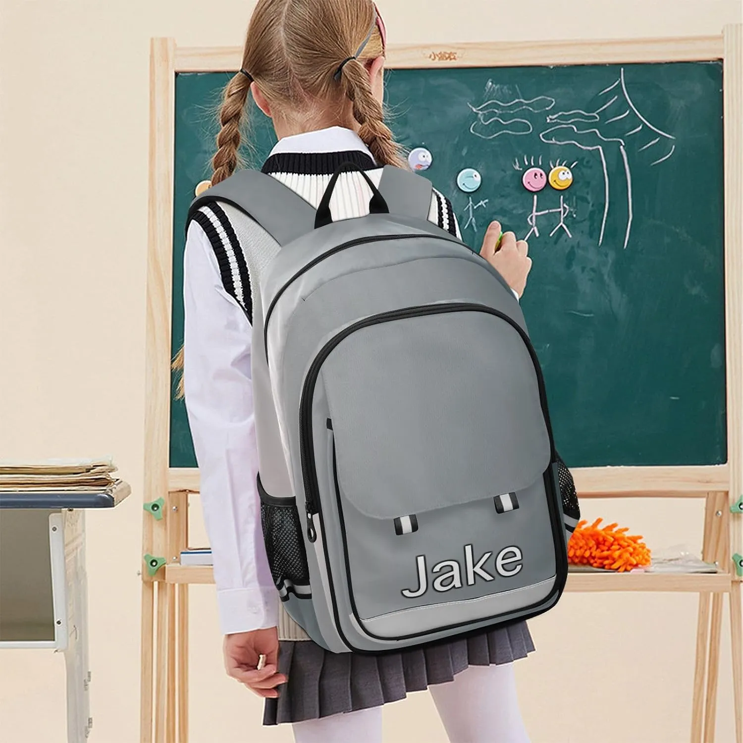 CHIFIGNO Personalized Monogram Backpack Kids Grey Gradient, Customized Book Bags for School, Multi Pocket Reflective Trim Safety