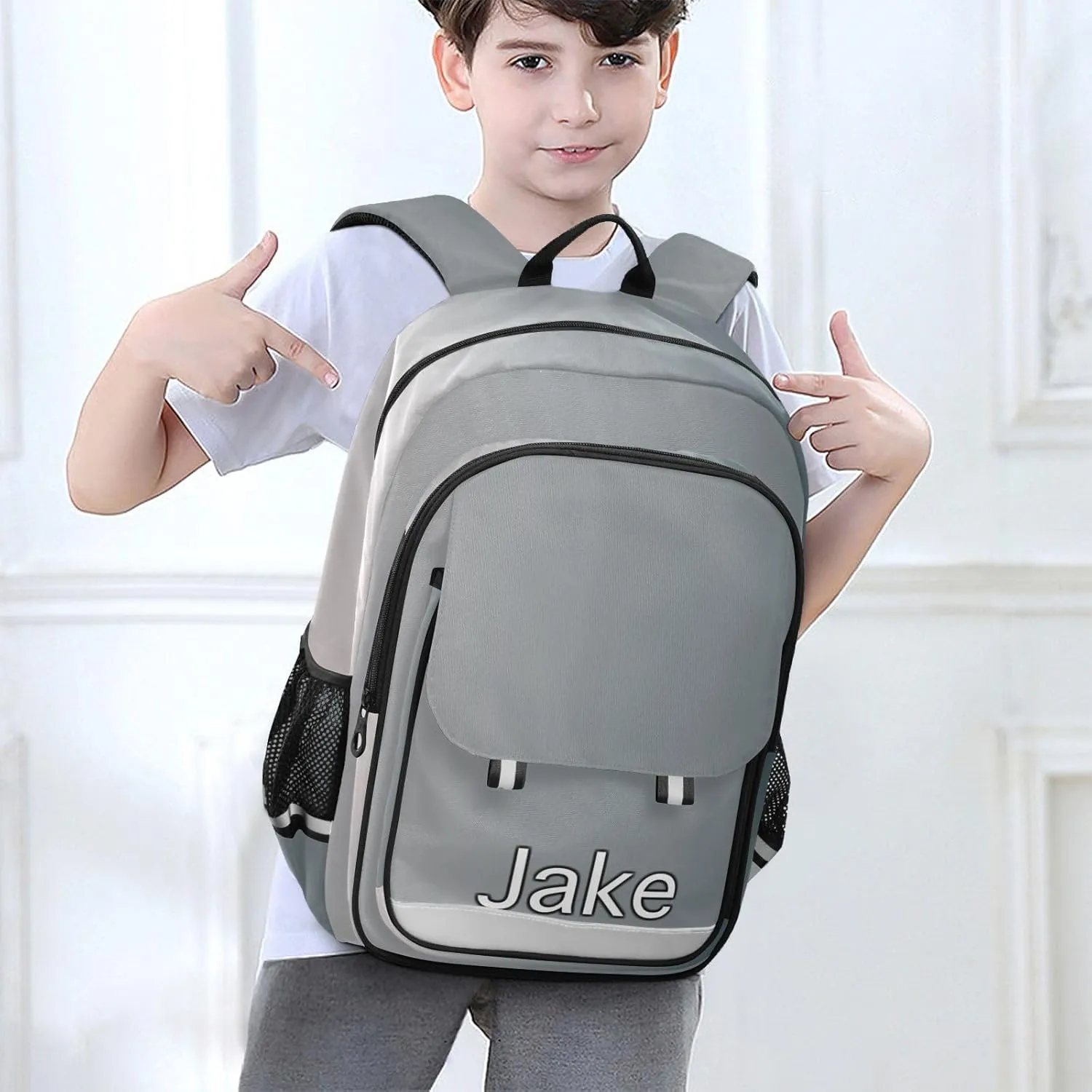 CHIFIGNO Personalized Monogram Backpack Kids Grey Gradient, Customized Book Bags for School, Multi Pocket Reflective Trim Safety