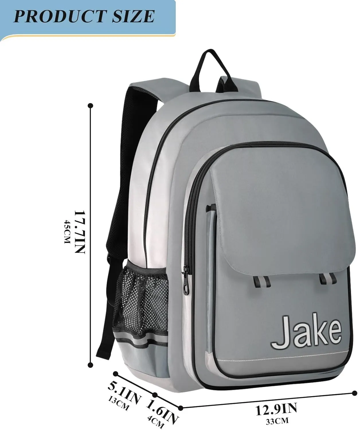 CHIFIGNO Personalized Monogram Backpack Kids Grey Gradient, Customized Book Bags for School, Multi Pocket Reflective Trim Safety