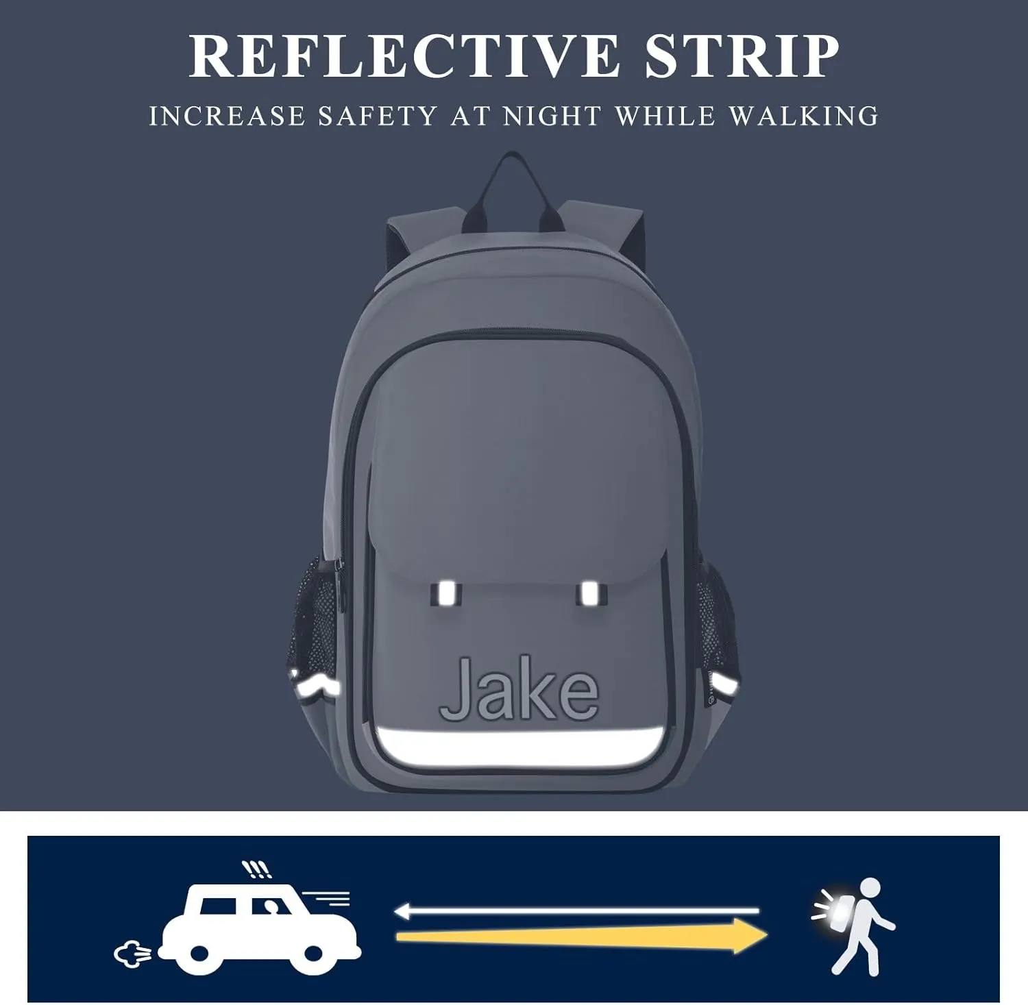 CHIFIGNO Personalized Monogram Backpack Kids Grey Gradient, Customized Book Bags for School, Multi Pocket Reflective Trim Safety