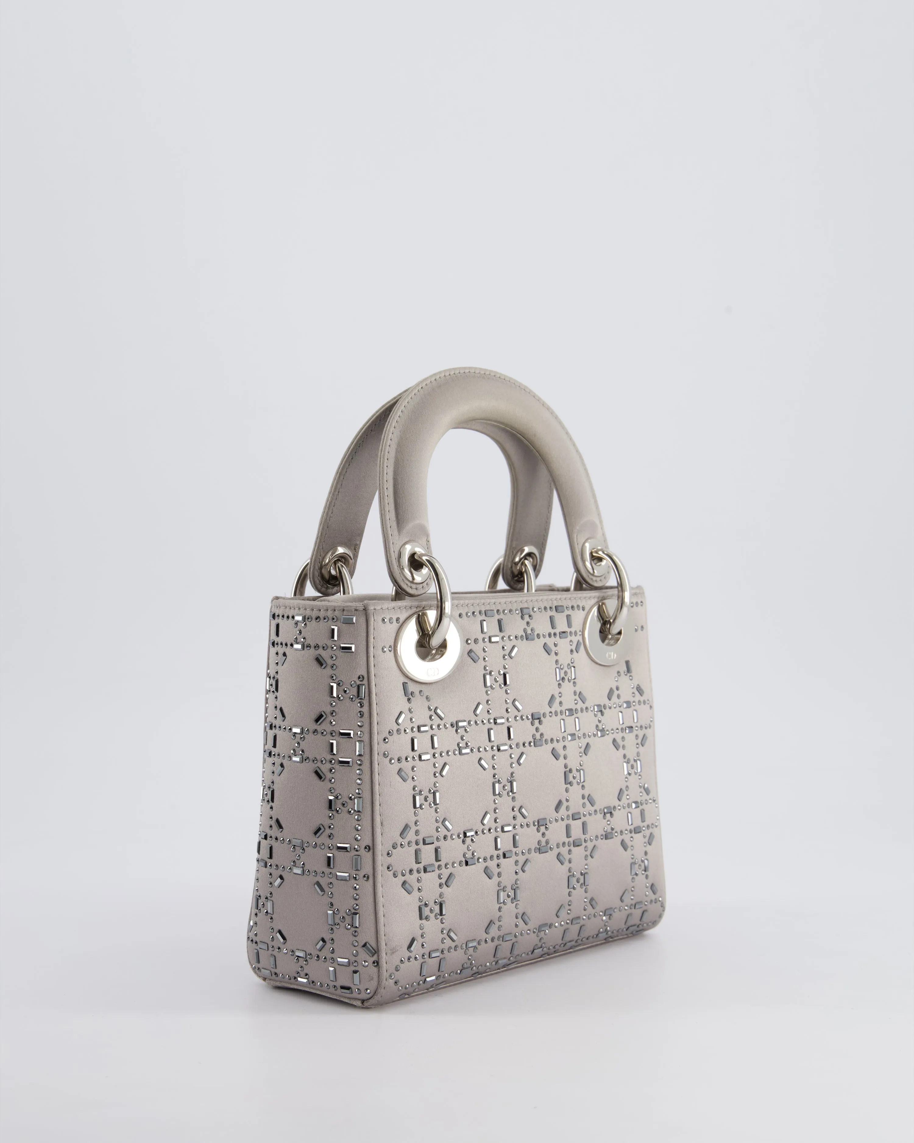 Christian Dior Silver Satin Mini Lady Dior Bag with Beaded Cannage Embroidery and Silver Hardware
