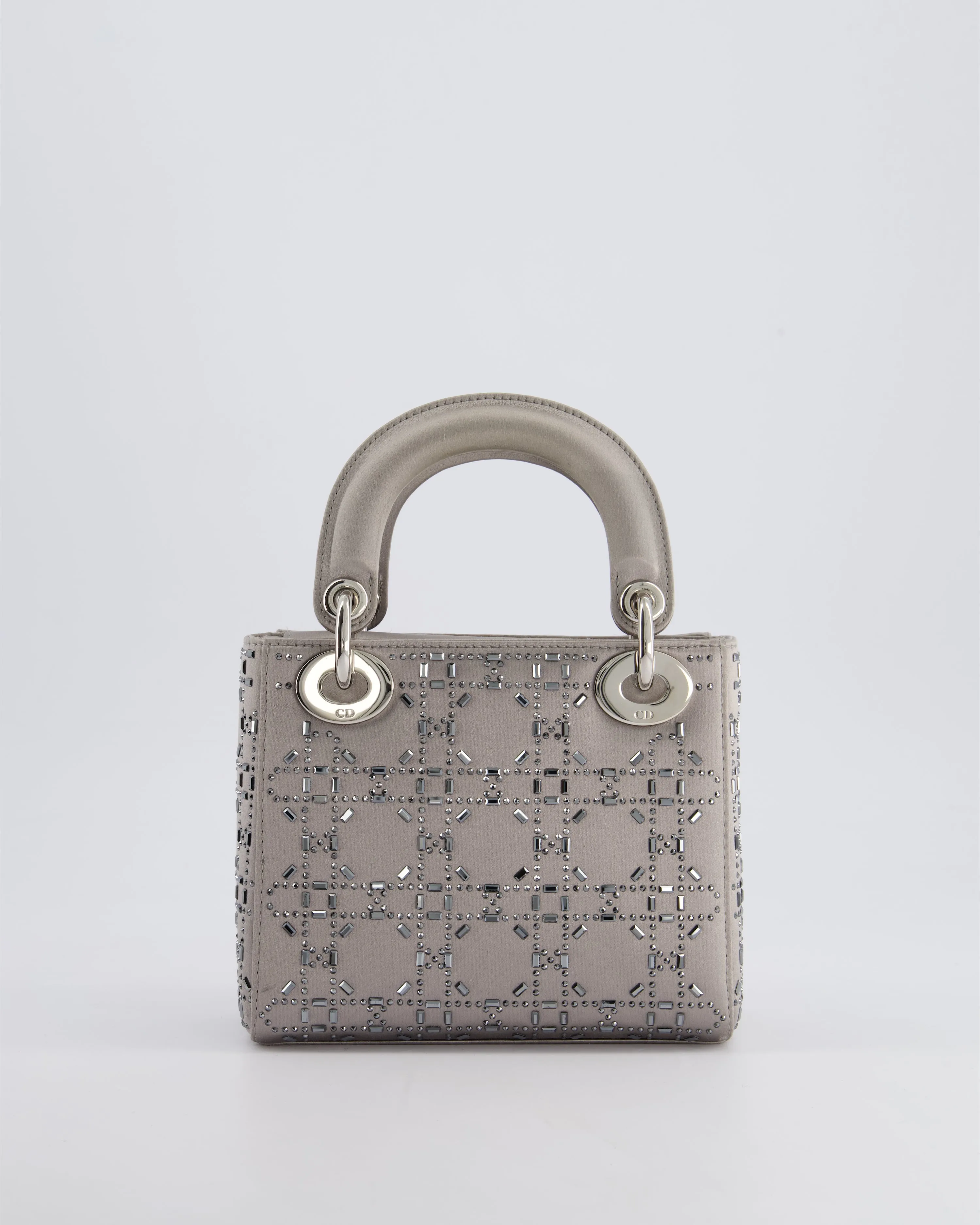 Christian Dior Silver Satin Mini Lady Dior Bag with Beaded Cannage Embroidery and Silver Hardware