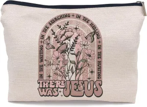 Christian There Was Jesus Boho Botanical Floral Rainbow Makeup Bag Make up Cosmetic Bag Small Zipper Pouch,Religious Christian Gifts for Women Faith Girls Mom