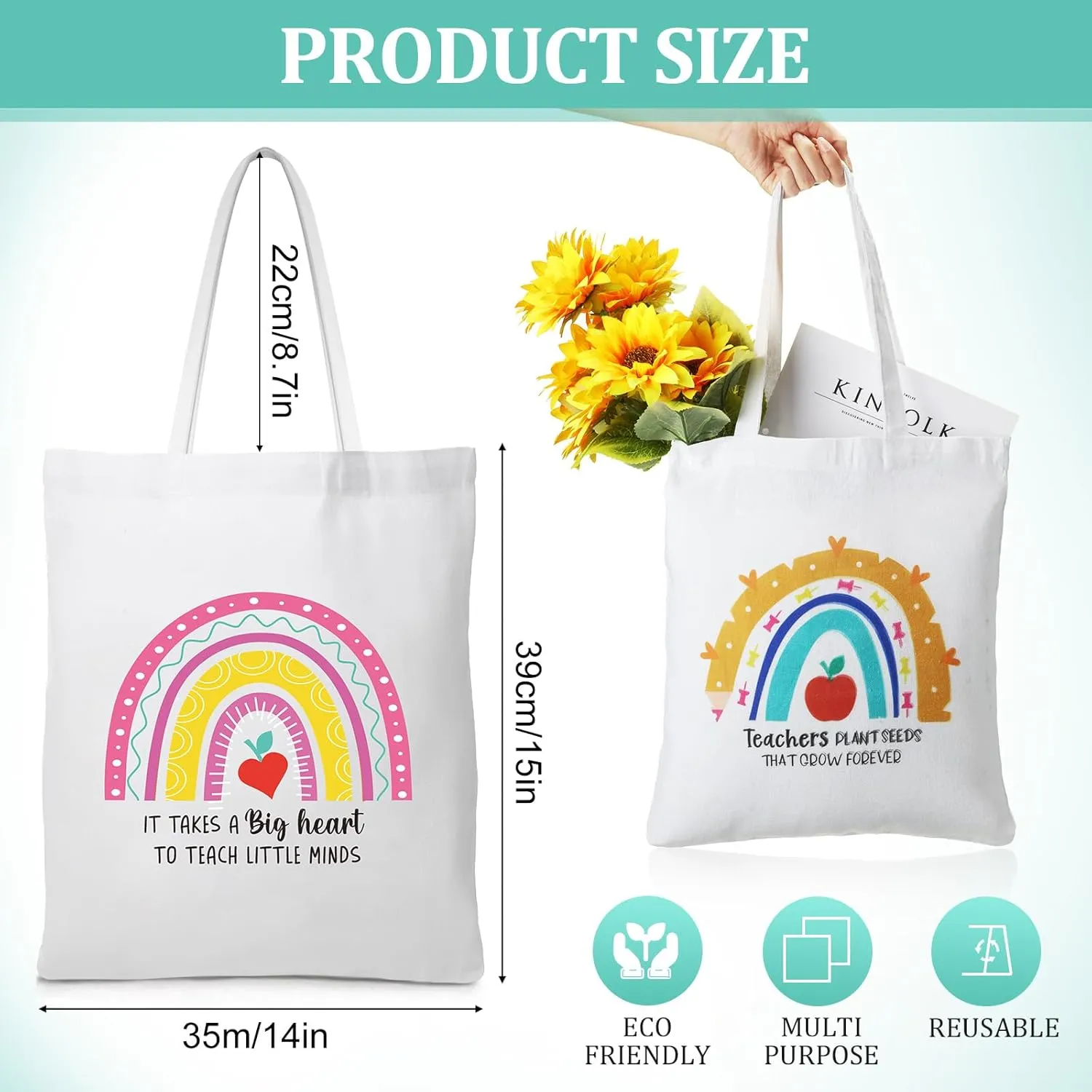 Chunful 10 Pack Teacher Tote Bags Bulk Teacher Appreciation Gifts Bulk Inspirational for Women Christmas Gift Rainbow Bags