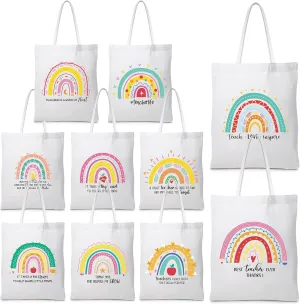 Chunful 10 Pack Teacher Tote Bags Bulk Teacher Appreciation Gifts Bulk Inspirational for Women Christmas Gift Rainbow Bags