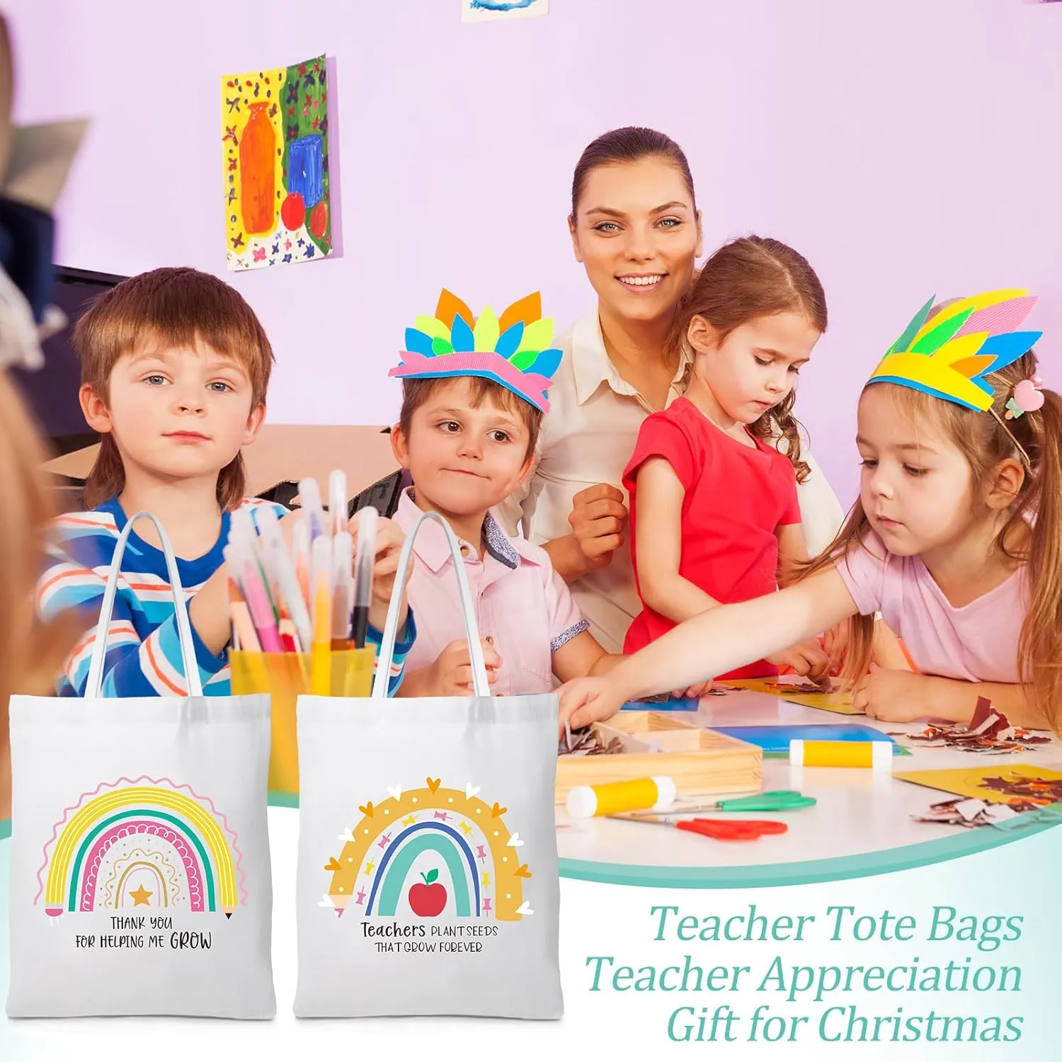 Chunful 10 Pack Teacher Tote Bags Bulk Teacher Appreciation Gifts Bulk Inspirational for Women Christmas Gift Rainbow Bags