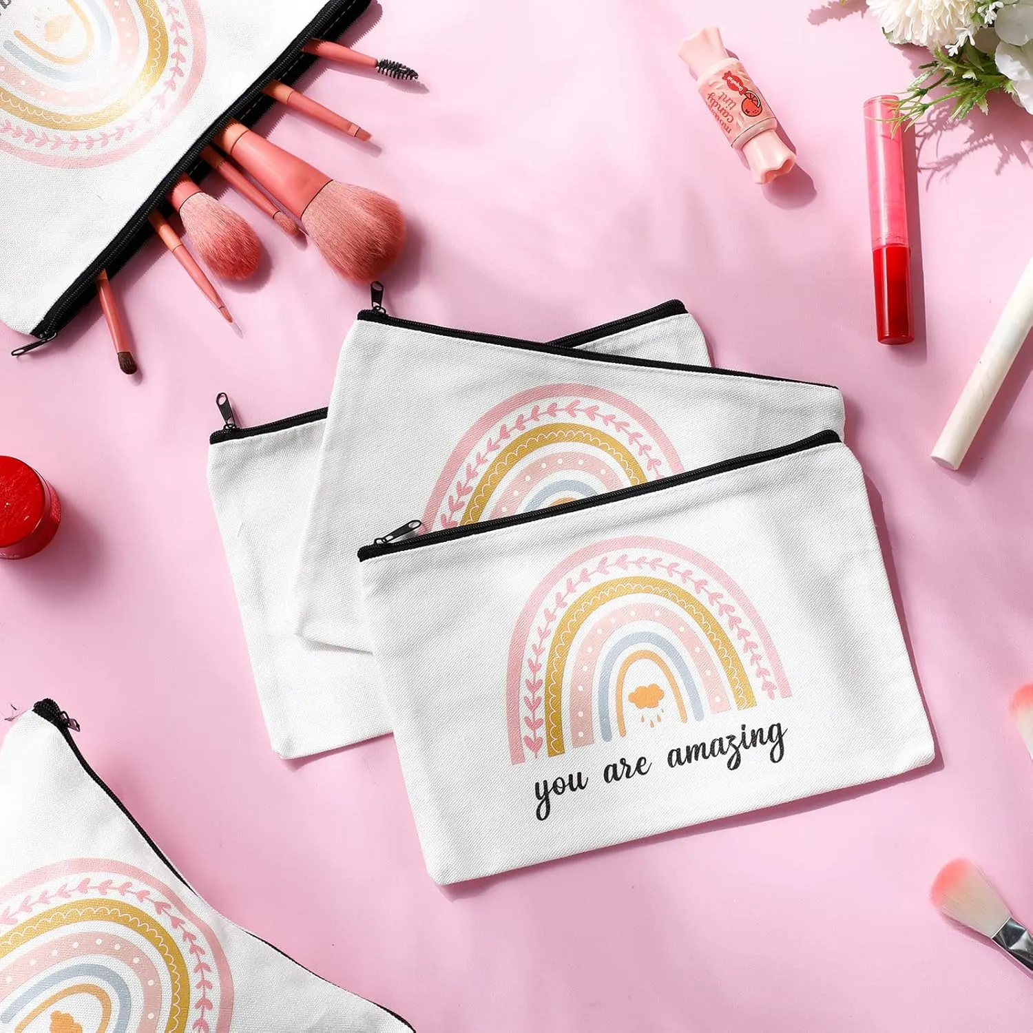 Chunful 10 Pieces Inspirational Canvas Makeup Bags for Women Graduation Gift Rainbow Canvas Cosmetic Bags Bulk with Zipper Friendship Gift Travel Toiletry Pouch(Cloud Style)