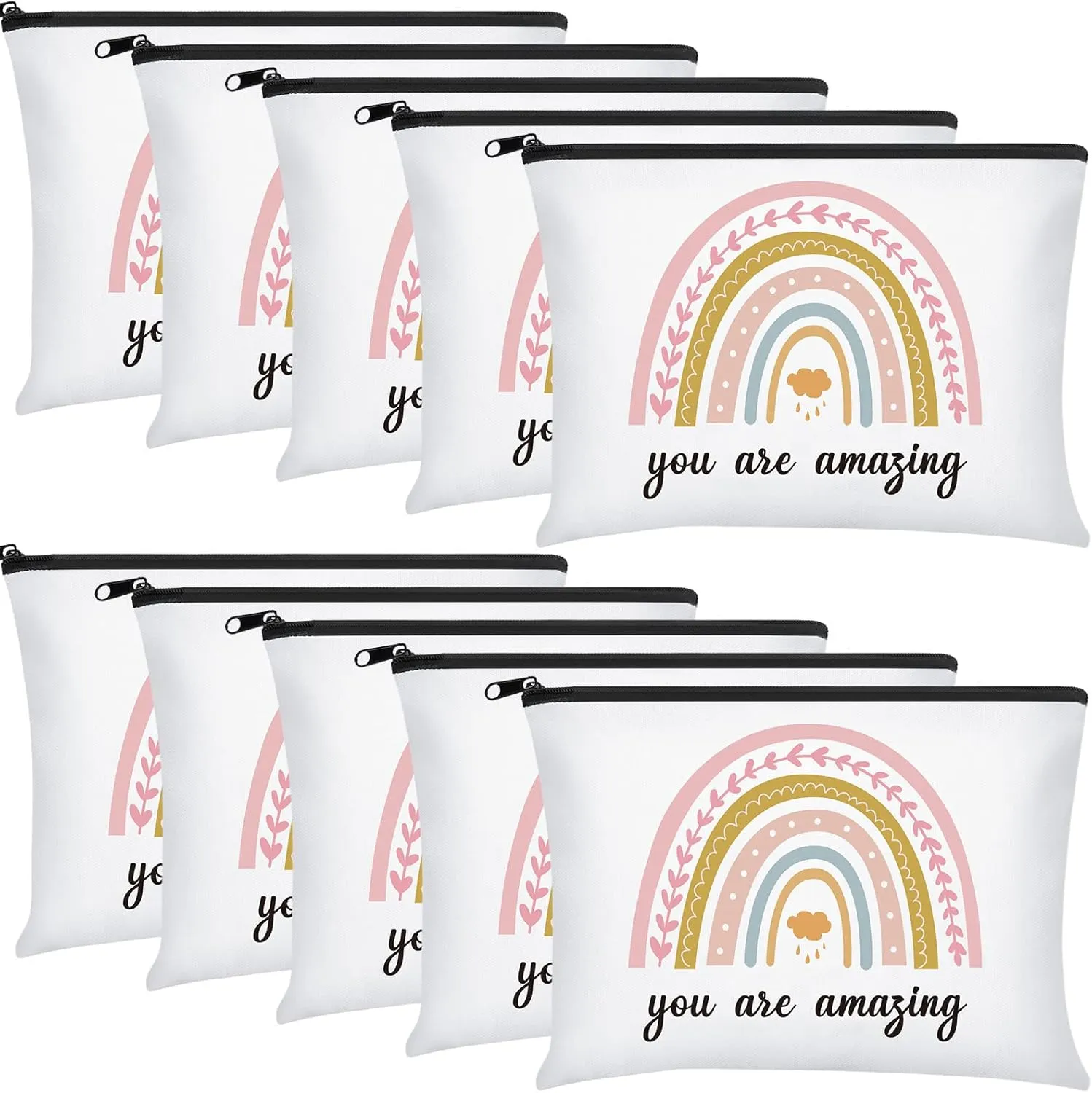 Chunful 10 Pieces Inspirational Canvas Makeup Bags for Women Graduation Gift Rainbow Canvas Cosmetic Bags Bulk with Zipper Friendship Gift Travel Toiletry Pouch(Cloud Style)