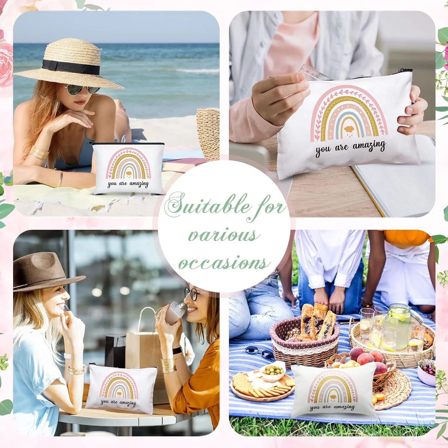 Chunful 10 Pieces Inspirational Canvas Makeup Bags for Women Graduation Gift Rainbow Canvas Cosmetic Bags Bulk with Zipper Friendship Gift Travel Toiletry Pouch(Cloud Style)