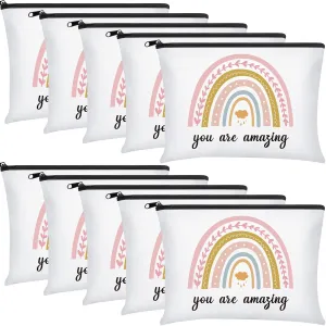 Chunful 10 Pieces Inspirational Canvas Makeup Bags for Women Graduation Gift Rainbow Canvas Cosmetic Bags Bulk with Zipper Friendship Gift Travel Toiletry Pouch(Cloud Style)