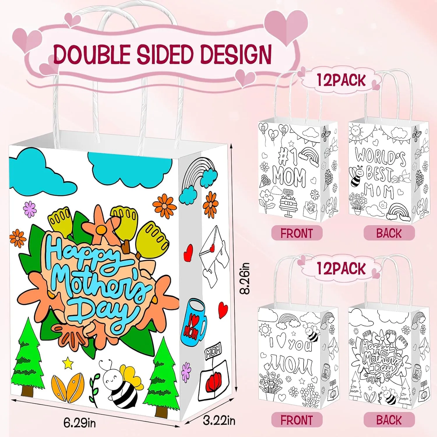 CIEOVO 24 PCS Mother Day Coloring Gift Bags with Handle, Happy Mother Day Gift Bag Bulk Best Mom Paper Treat Wrap Gift Bags for Best Mom Birthday Party Supplies
