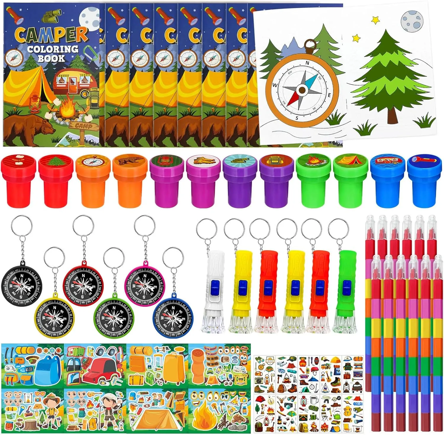 Cinrobiye 72 Pcs Happy Camper Party Favors Bulk, Summer Camper Birthday Party Supplies, Adventure Camping Coloring Book with Crayons Tattoos Stampers for Pinatas Gifts，Camper Party Goodie Bag Fillers