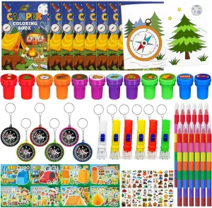 Cinrobiye 72 Pcs Happy Camper Party Favors Bulk, Summer Camper Birthday Party Supplies, Adventure Camping Coloring Book with Crayons Tattoos Stampers for Pinatas Gifts，Camper Party Goodie Bag Fillers