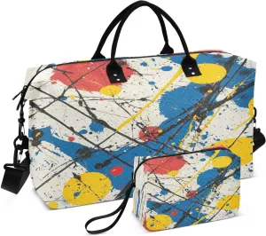 Circle Splatter Artwork White Sports Gym Bag for Women Men Travel Duffel Bag Weekend Overnight Carry on Bag with Toiletry Bag Air Travel Bag for Hospital Plane Swimming Yoga Workout