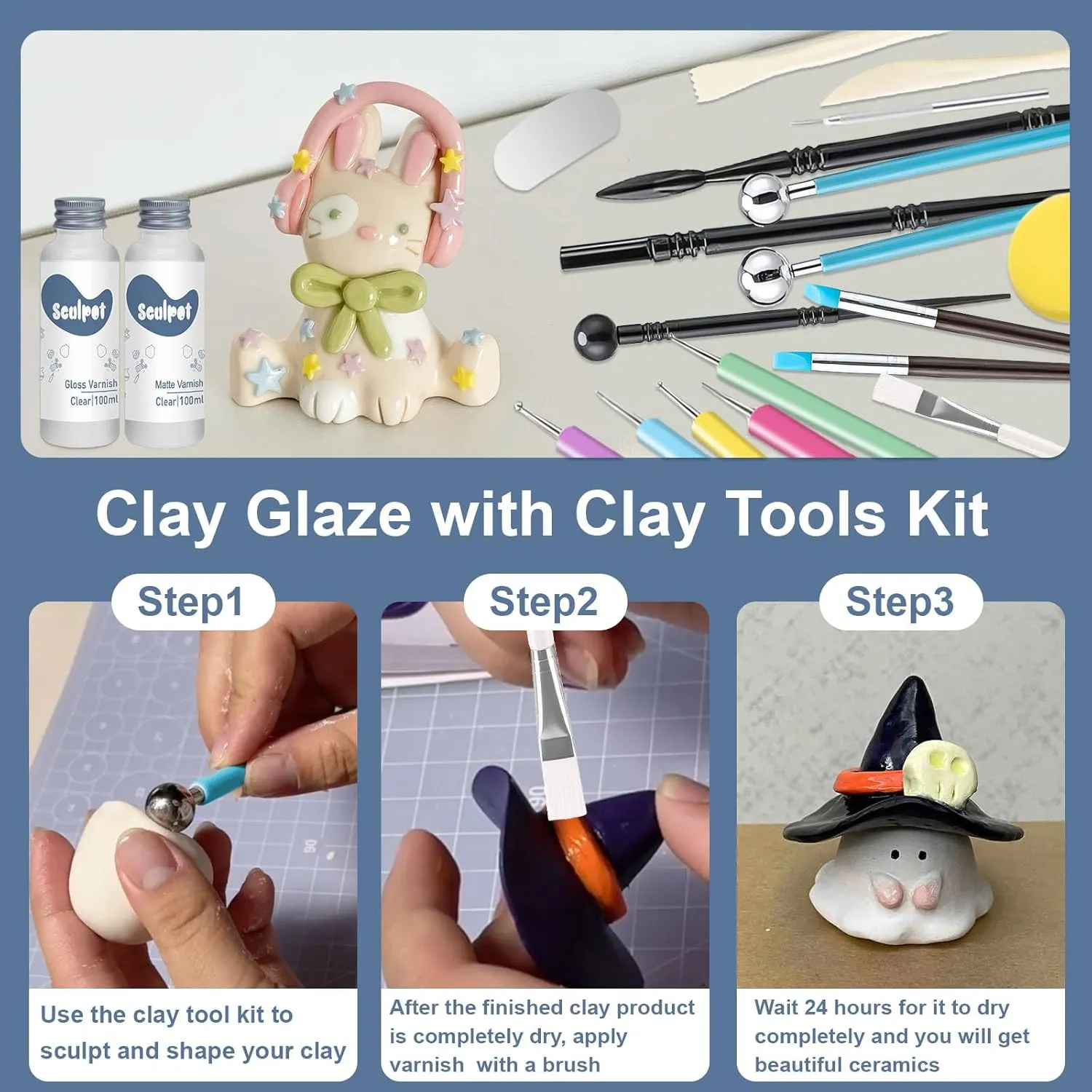 Clay Glaze with Air Dry Clay Tools Kit, 29PCS Clay Sculpting Tools, Polymer Clay Kit and Clay Varnish, Pottery Tool kit for Sculpting, Modeling, Shaping, High Gloss, Scratch Resistant (Gloss)