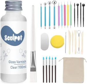 Clay Glaze with Air Dry Clay Tools Kit, 29PCS Clay Sculpting Tools, Polymer Clay Kit and Clay Varnish, Pottery Tool kit for Sculpting, Modeling, Shaping, High Gloss, Scratch Resistant (Gloss)