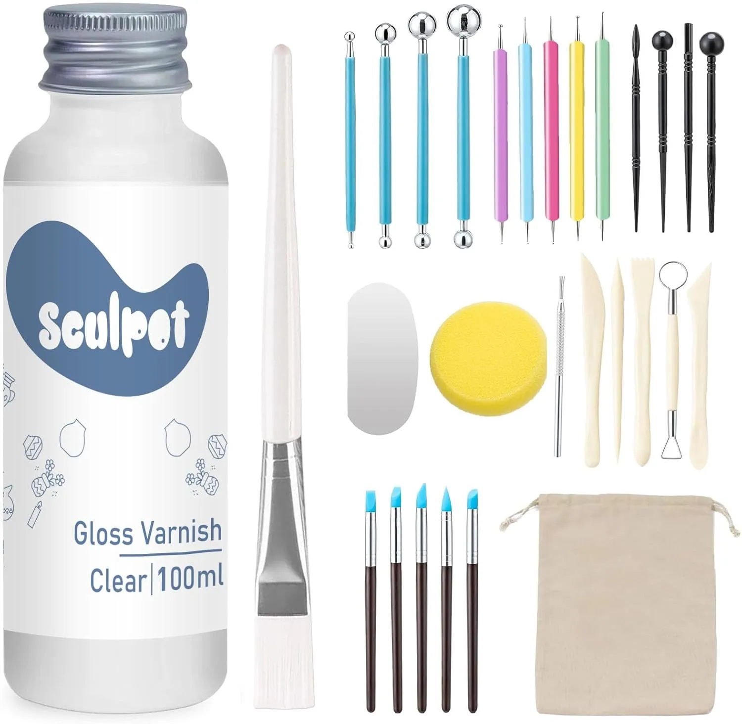Clay Glaze with Air Dry Clay Tools Kit, 29PCS Clay Sculpting Tools, Polymer Clay Kit and Clay Varnish, Pottery Tool kit for Sculpting, Modeling, Shaping, High Gloss, Scratch Resistant (Gloss)