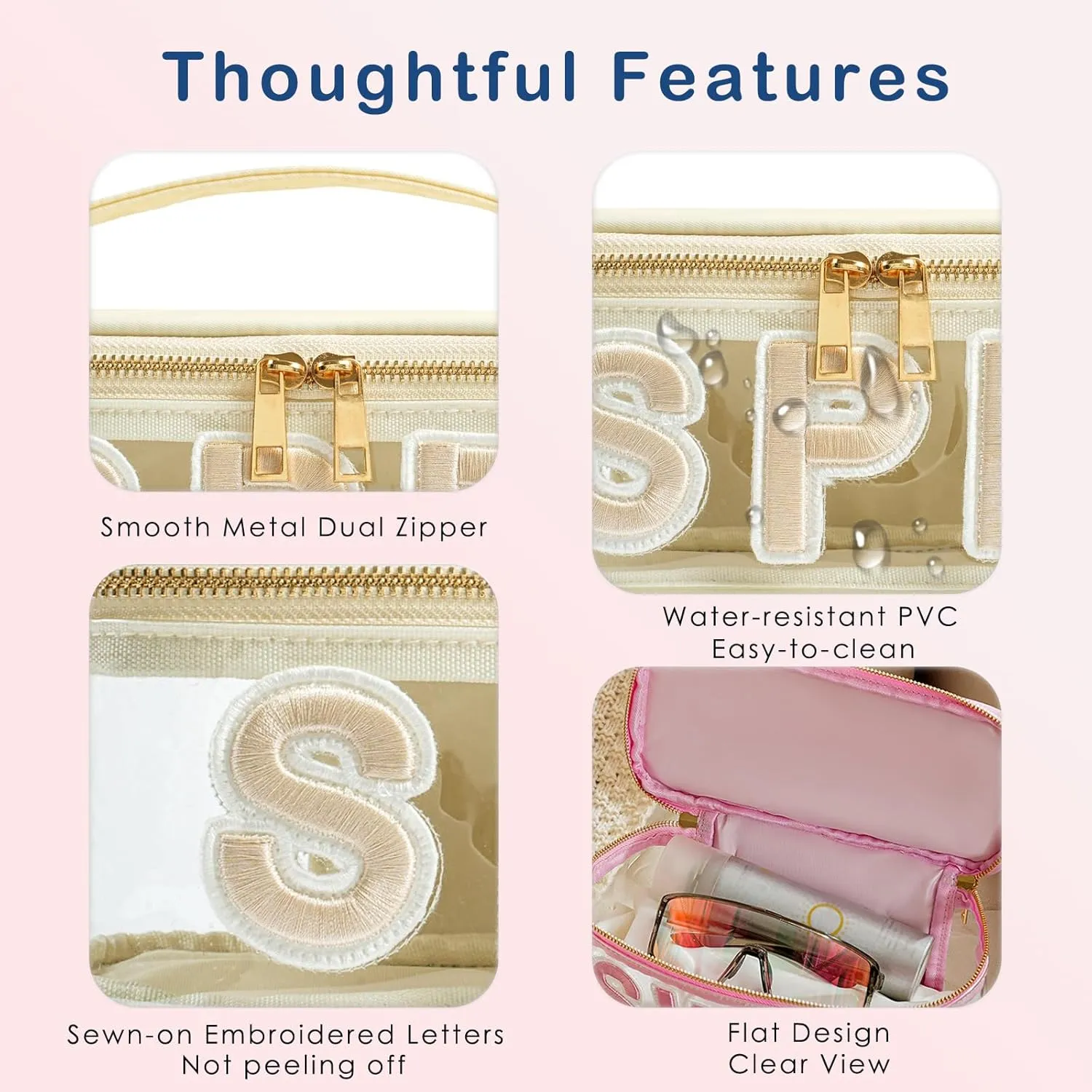Clear Waterproof Summer SPF Makeup Bag，Aesthetic Transparent Letter Patch Cosmetic Bag with Metal Zipper, Preppy Sunscreen Accessories Storage Organization, Beach Travel Purse(02SPF Beige)