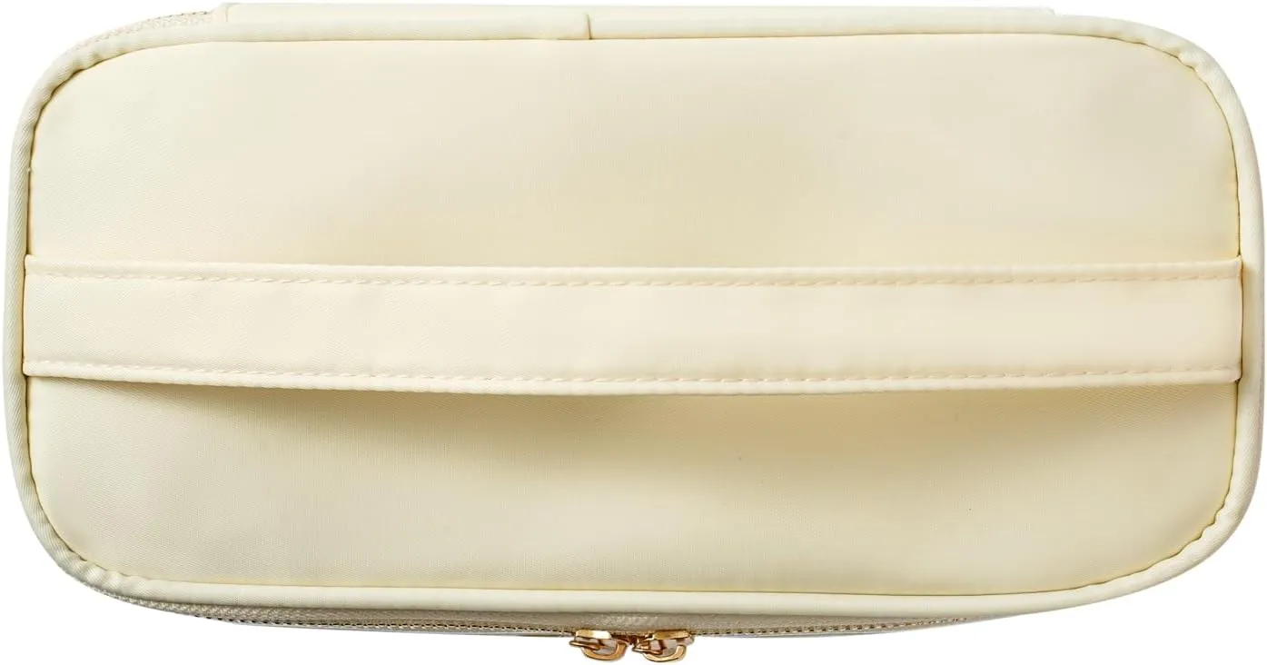 Clear Waterproof Summer SPF Makeup Bag，Aesthetic Transparent Letter Patch Cosmetic Bag with Metal Zipper, Preppy Sunscreen Accessories Storage Organization, Beach Travel Purse(02SPF Beige)