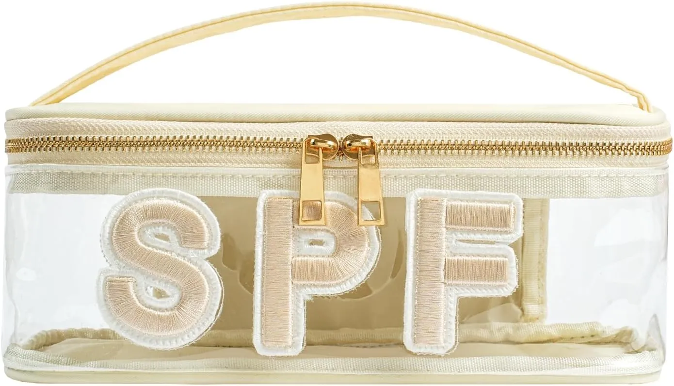 Clear Waterproof Summer SPF Makeup Bag，Aesthetic Transparent Letter Patch Cosmetic Bag with Metal Zipper, Preppy Sunscreen Accessories Storage Organization, Beach Travel Purse(02SPF Beige)