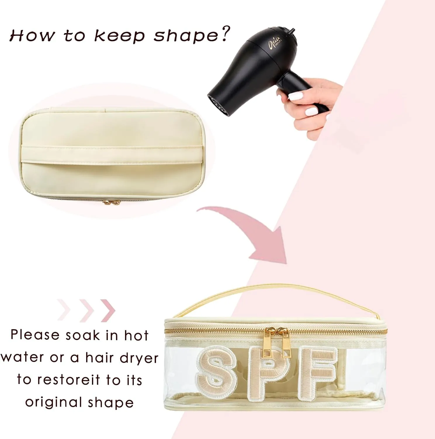 Clear Waterproof Summer SPF Makeup Bag，Aesthetic Transparent Letter Patch Cosmetic Bag with Metal Zipper, Preppy Sunscreen Accessories Storage Organization, Beach Travel Purse(02SPF Beige)