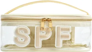 Clear Waterproof Summer SPF Makeup Bag，Aesthetic Transparent Letter Patch Cosmetic Bag with Metal Zipper, Preppy Sunscreen Accessories Storage Organization, Beach Travel Purse(02SPF Beige)