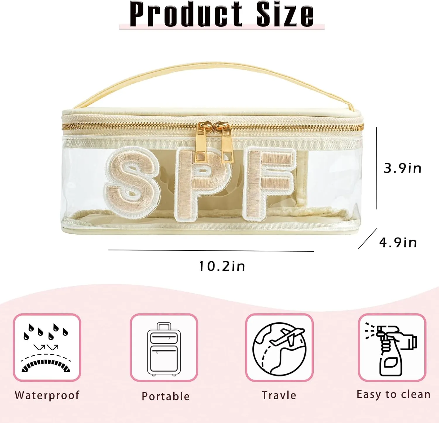 Clear Waterproof Summer SPF Makeup Bag，Aesthetic Transparent Letter Patch Cosmetic Bag with Metal Zipper, Preppy Sunscreen Accessories Storage Organization, Beach Travel Purse(02SPF Beige)