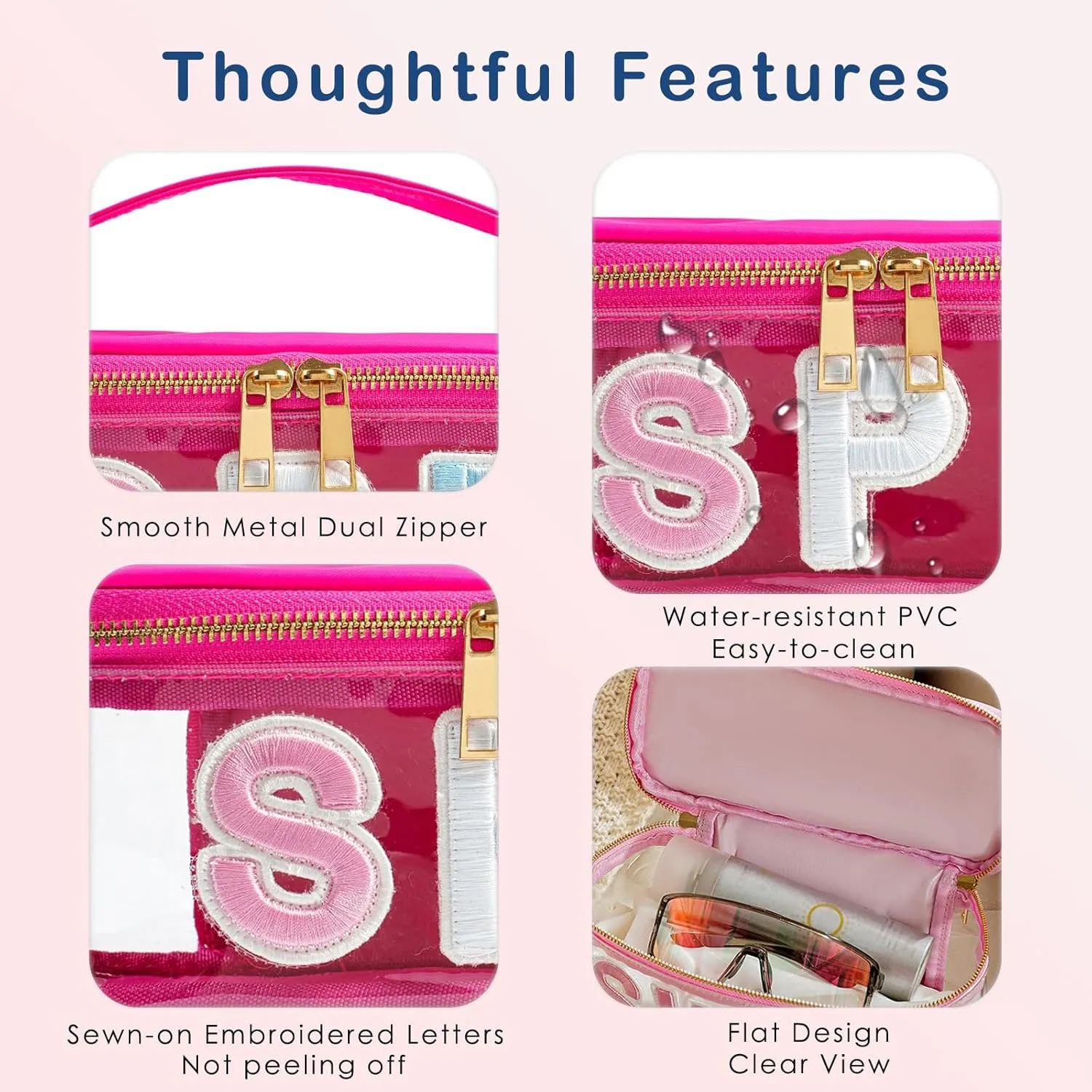 Clear Waterproof Summer SPF Makeup Bag，Aesthetic Transparent Letter Patch Cosmetic Bag with Metal Zipper, Preppy Sunscreen Accessories Storage Organization , Beach Travel Purse(03SPF Hot Pink)