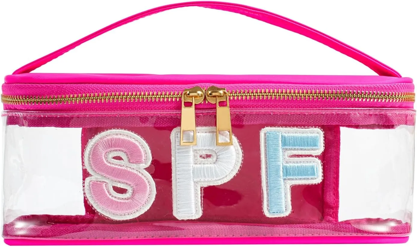Clear Waterproof Summer SPF Makeup Bag，Aesthetic Transparent Letter Patch Cosmetic Bag with Metal Zipper, Preppy Sunscreen Accessories Storage Organization , Beach Travel Purse(03SPF Hot Pink)