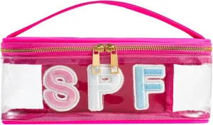 Clear Waterproof Summer SPF Makeup Bag，Aesthetic Transparent Letter Patch Cosmetic Bag with Metal Zipper, Preppy Sunscreen Accessories Storage Organization , Beach Travel Purse(03SPF Hot Pink)